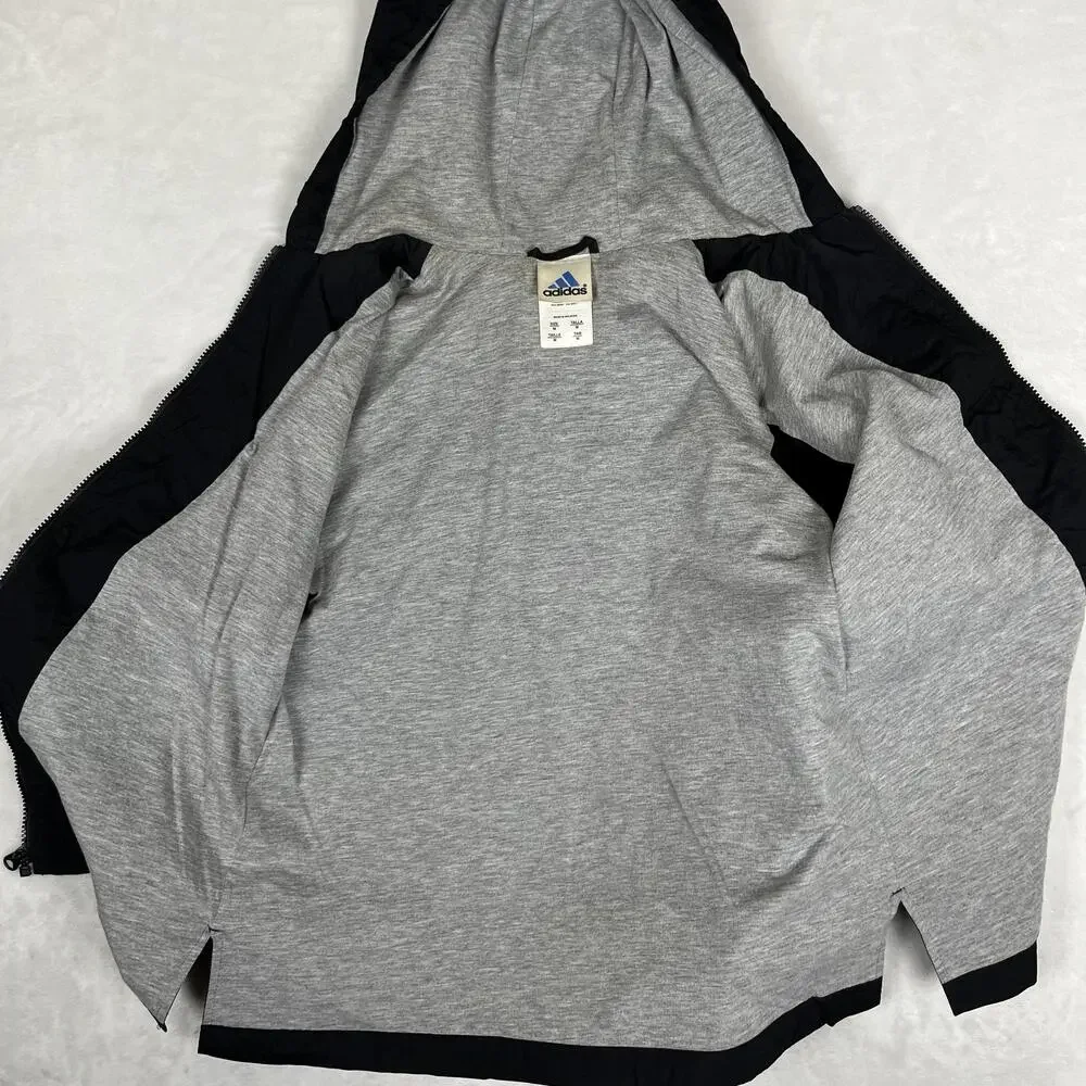 Vintage Adidas Jacket Mens Medium Black Hooded Windbreaker Full Zip 3 Stripes